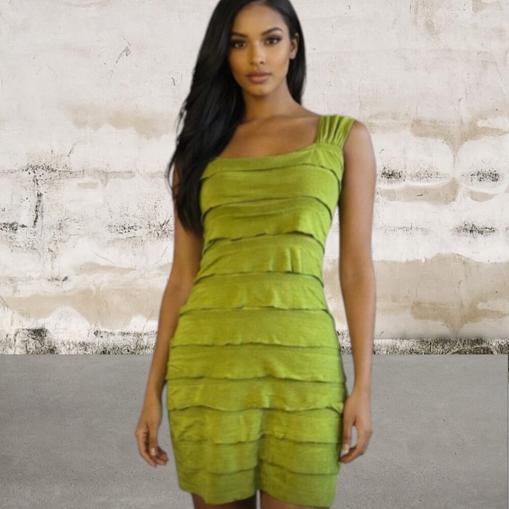 Max Studio Green Pleated Tiered Bodycon Mini Dress Size Small